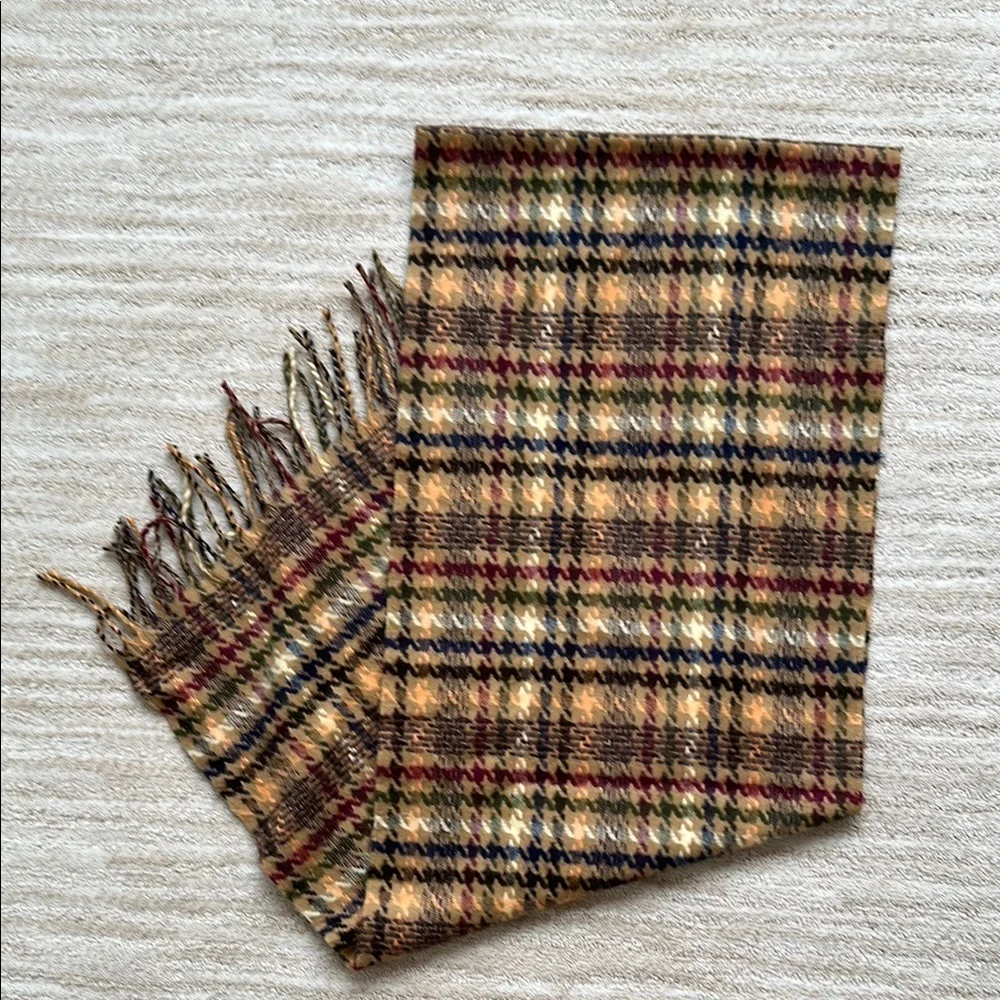 Made in Scotland 100% Cashmere Scarf Classic Tan and Multi Plaid Fringe Ends